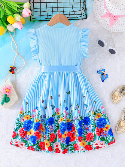 Adorable Girls Floral Butterfly Graphic Dress with Playful Ruffles - Comfortable Straps for Summer Holidays & Parties - Perfect Gift Idea