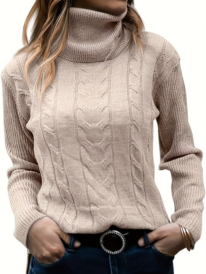 Antmvs Solid Turtleneck Knitted Pullover Sweater, Casual Long Sleeve Sweater For Fall & Winter, Women's Clothing