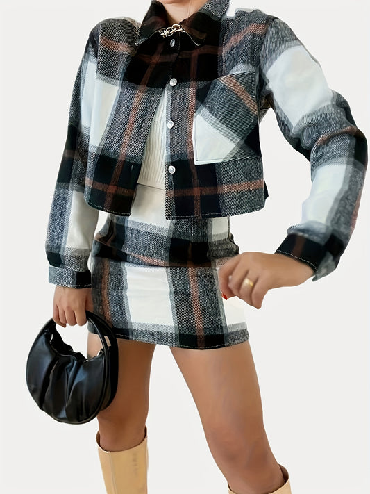 Antmvs Plaid Print Casual Two-piece Set, Button Front Long Sleeve Tops & High Waist Skirts Outfits, Women's Clothing