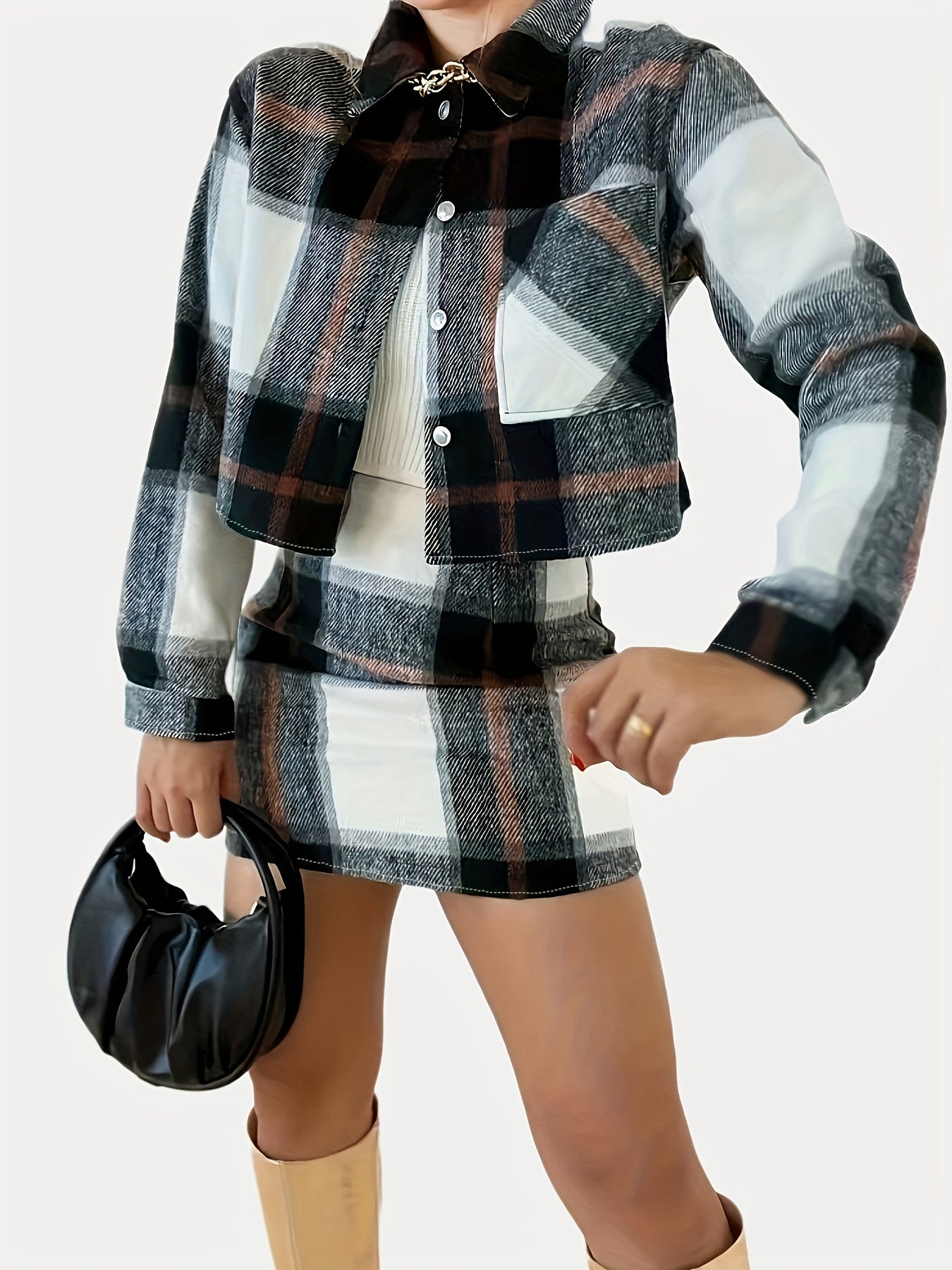 Antmvs Plaid Print Casual Two-piece Set, Button Front Long Sleeve Tops & High Waist Skirts Outfits, Women's Clothing