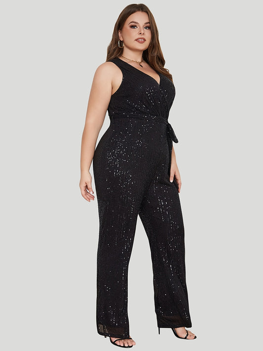 Antmvs Plus Size Party Jumpsuit, Women's Plus Solid Sequins Surplice Neck Slight Stretch Wide Leg Tank Jumpsuit With Belt