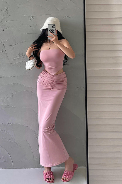 Antmvs Presila Solid Color Sleeveless Slim Bandeau Tube Top + Solid Color Pleated High V-Waist Back Slit Long Slim Skirt Matching Set