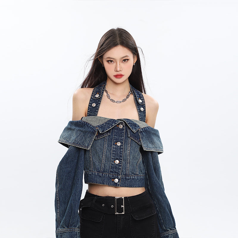 Antmvs Seanna Denim Blue Spice Neck Off-the-Shoulder Halter Loose Cropped Jacket Top