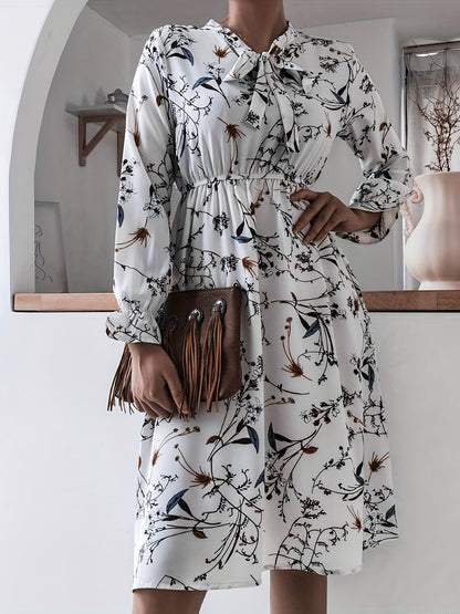 Antmvs Floral Print Tie Front Dress, Casual Long Sleeve Dress For Spring & Fall, Women's Clothing