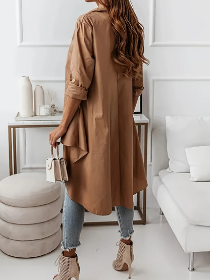 Plus Size Chic Blouse - Flattering Long Sleeves in Timeless Solid Colors, Stylish Button-Up with Fashionable Lapel Collar and Trendy High Low Hem - Designed for Women