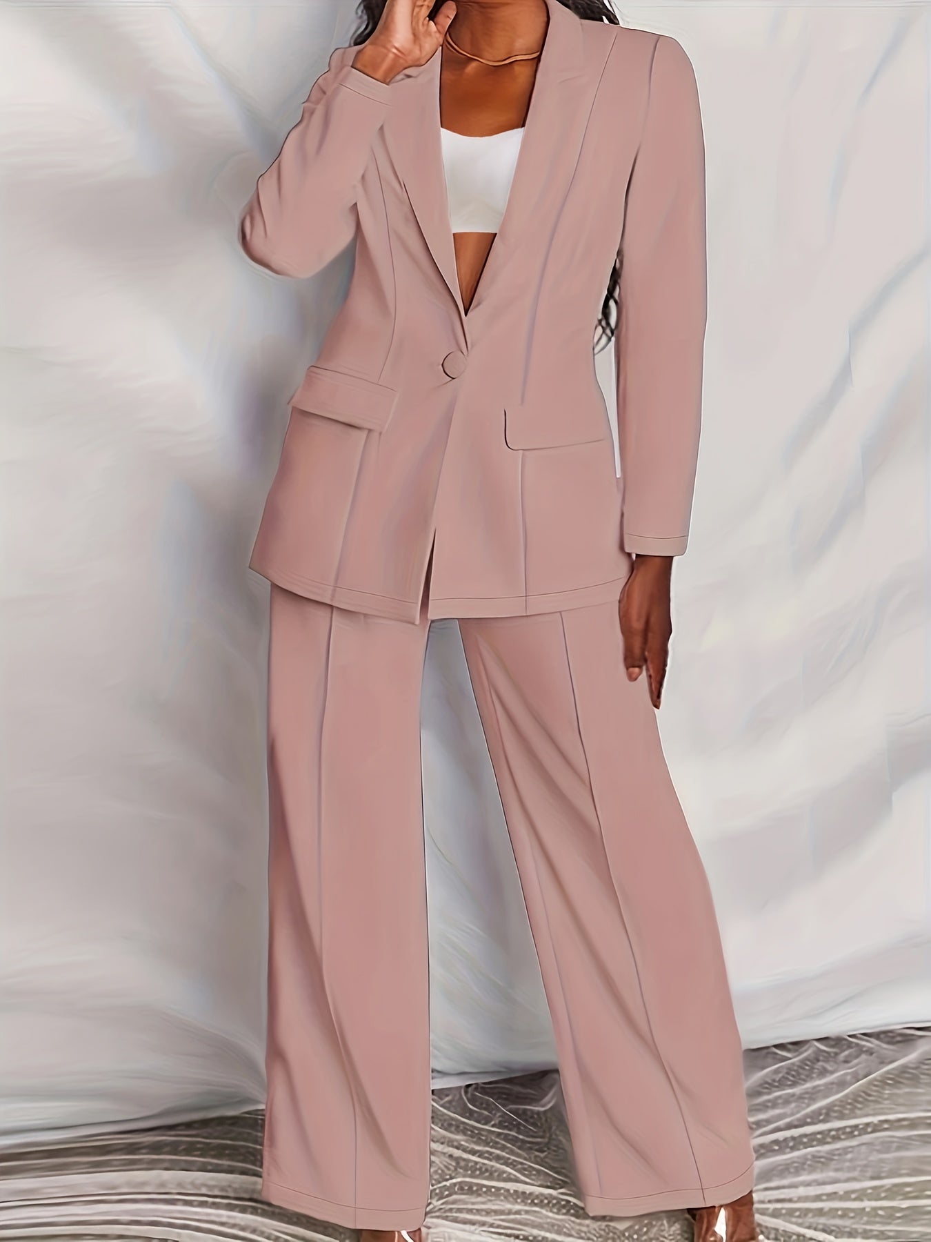 Antmvs Plus Size Casual Suit Set, Women's Plus Solid Long Sleeve Single Breast Button Lapel Collar Suit Coat & Wide Leg Pants Suit Two Piece Set