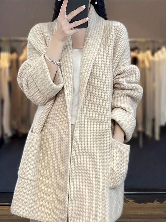 Antmvs Solid Open Front Knit Cardigan, Casual Long Sleeve Oversized Sweater Coat With Pocket, Women's Clothing