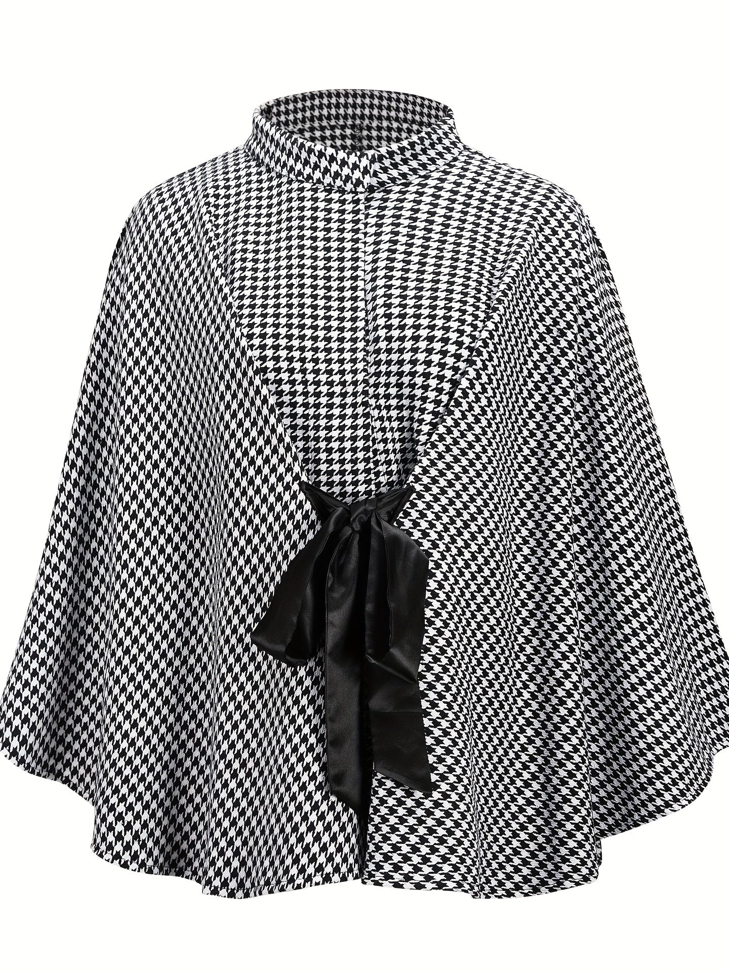 Antmvs Houndstooth Print Cape Top, Casual Tie Front Loose Outerwear, Women's Clothing