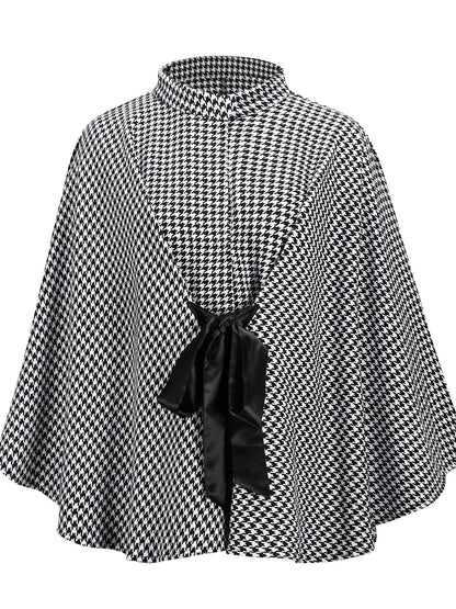 Antmvs Houndstooth Print Cape Top, Casual Tie Front Loose Outerwear, Women's Clothing