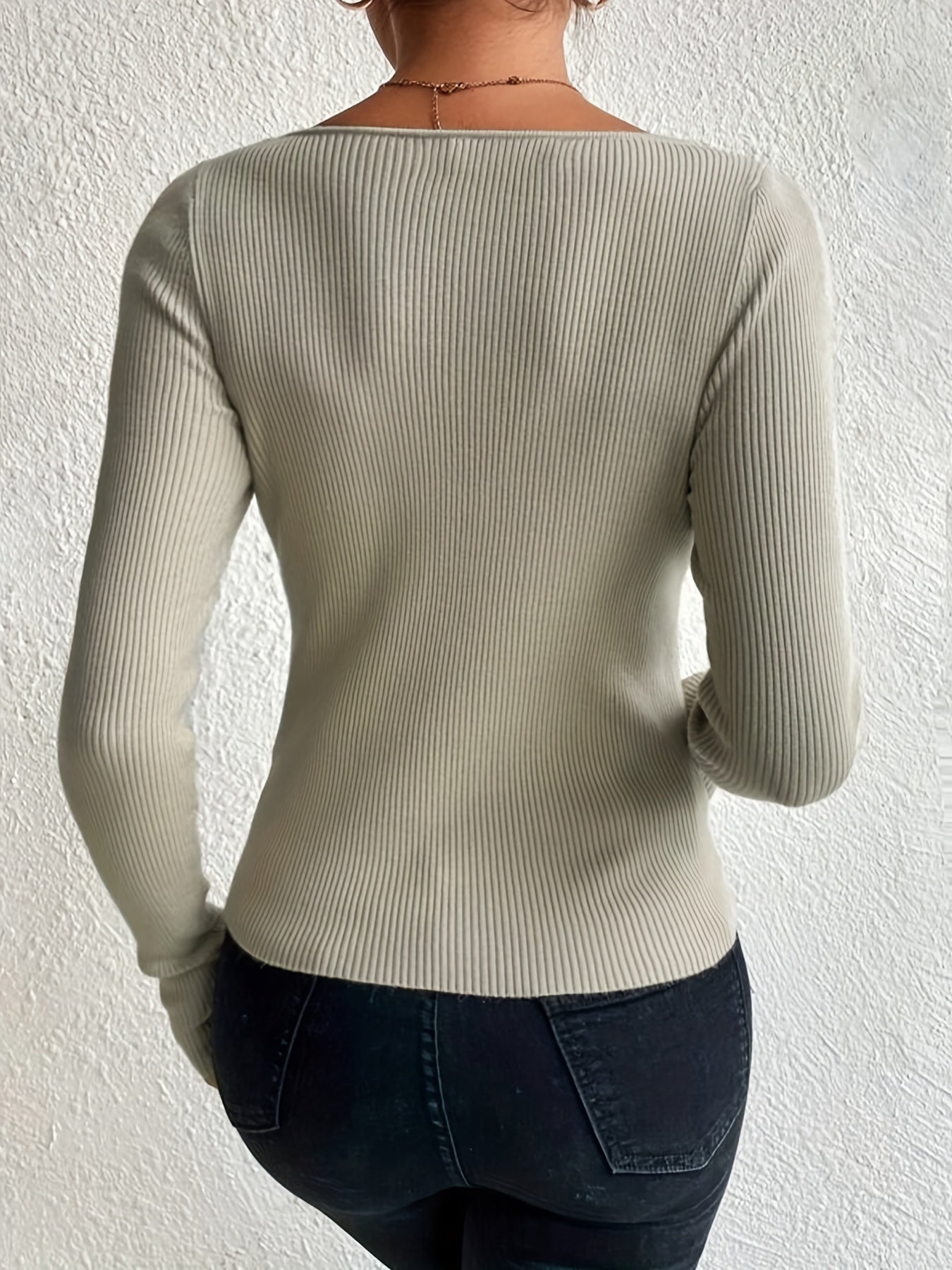Antmvs Solid Sweetheart Neck Knitted Top, Elegant Long Sleeve Slim Sweater, Women's Clothing