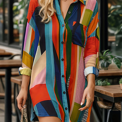 Plus Size Elegant Geometric Print Shirt - Lapel Collar, Button Front, Slight Stretch, Flared Hem, Long Sleeve, Regular Length - Perfect for Weekend Casual in Spring & Fall