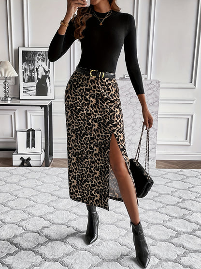 Antmvs Leopard Print Split Hem Skirt, Casual High Waist Skirt, Women's Clothing