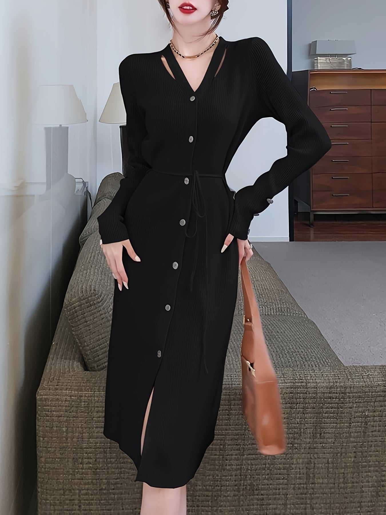 Antmvs Button Front Solid Midi Dress, Elegant V Neck Long Sleeve Dress, Women's Clothing