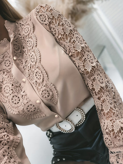 Antmvs  Women's Blouse Lace Crochet Lapel Button Flare Sleeve Elegant Top Blouse