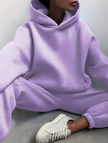 Antmvs Casual Solid Two-piece Set, Drop Shoulder Long Sleeve Hoodies & Elastic Waist Jogger Pants Outfits, Women's Clothing