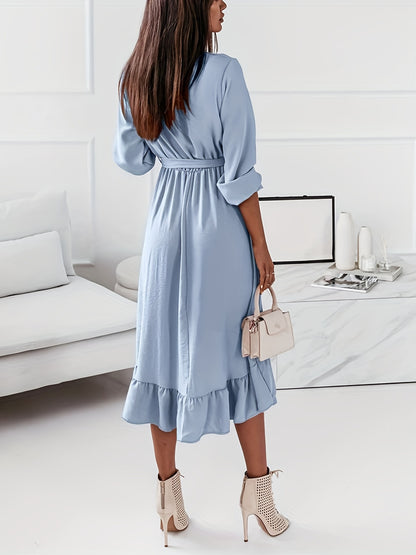 Antmvs Ruffle Hem Surplice Neck Dress, Elegant Solid Long Sleeve Midi Dress, Women's Clothing