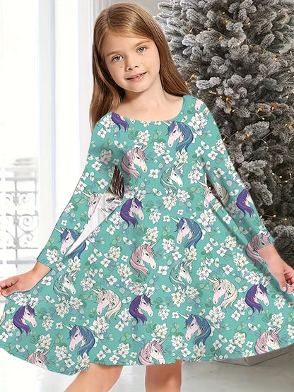 Kids Sweet Girls Christmas Tree Print Crew Neck Dress for Christmas Halloween Gift