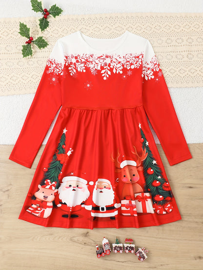 For Spring Fall Christmas Gift, Long Sleeve Girls Sweet Santa & Christmas Tree Graphic Dress