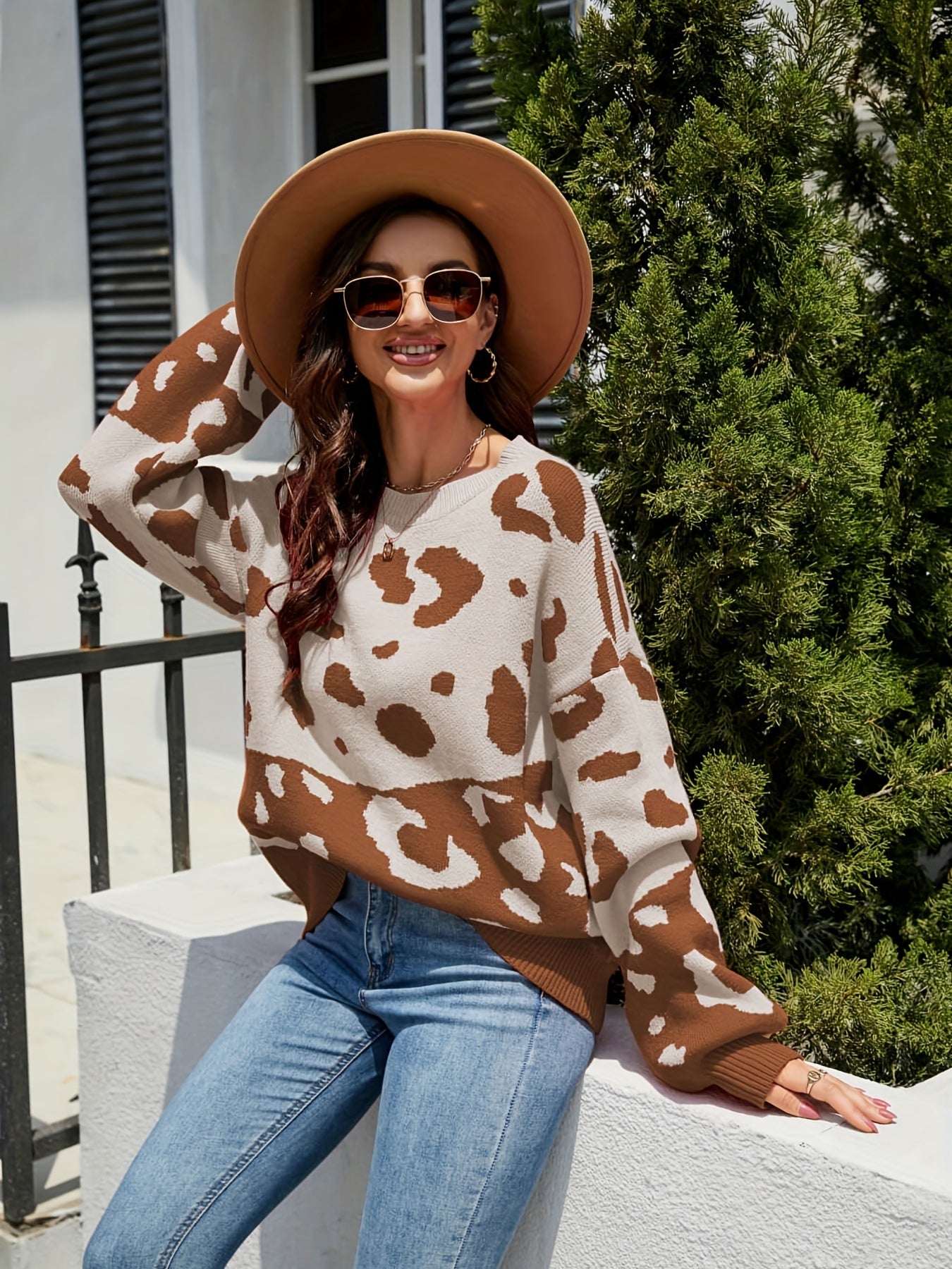 Antmvs Leopard Pattern Crew Neck Pullover Sweater, Casual Long Sleeve Sweater For Fall & Winter, Women's Clothing