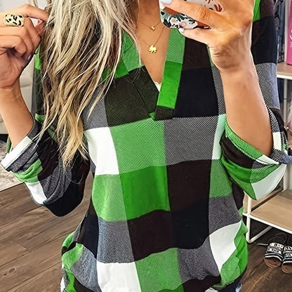 Antmvs  Casual Plaid Shirt, Long Sleeve V-neck Shirt,  Casual Every Day Tops, Women's Clothing