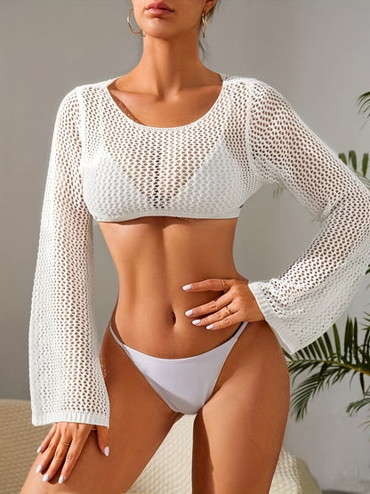 Antmvs Solid Crochet Coverup, Casual Cropped Crew Neck Long Sleeve Crochet Coverup, Women's Clothing