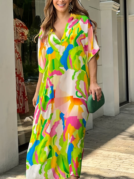 Antmvs Plus Size Casual Dress, Women's Plus Allover Print Bat Sleeve V Neck Slight Stretch Maxi Dress