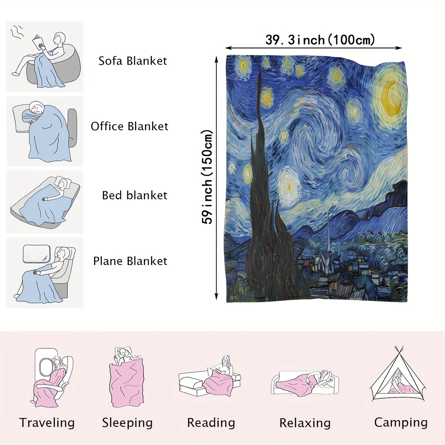 1pc Premium Flannel Art Blanket with Vibrant Van Gogh Starry Night Design - Soft, Cozy, and Durable Home Decor for Bedroom, Living Room, Office, and Travel - Unique Fashion Art Piece for Any Space