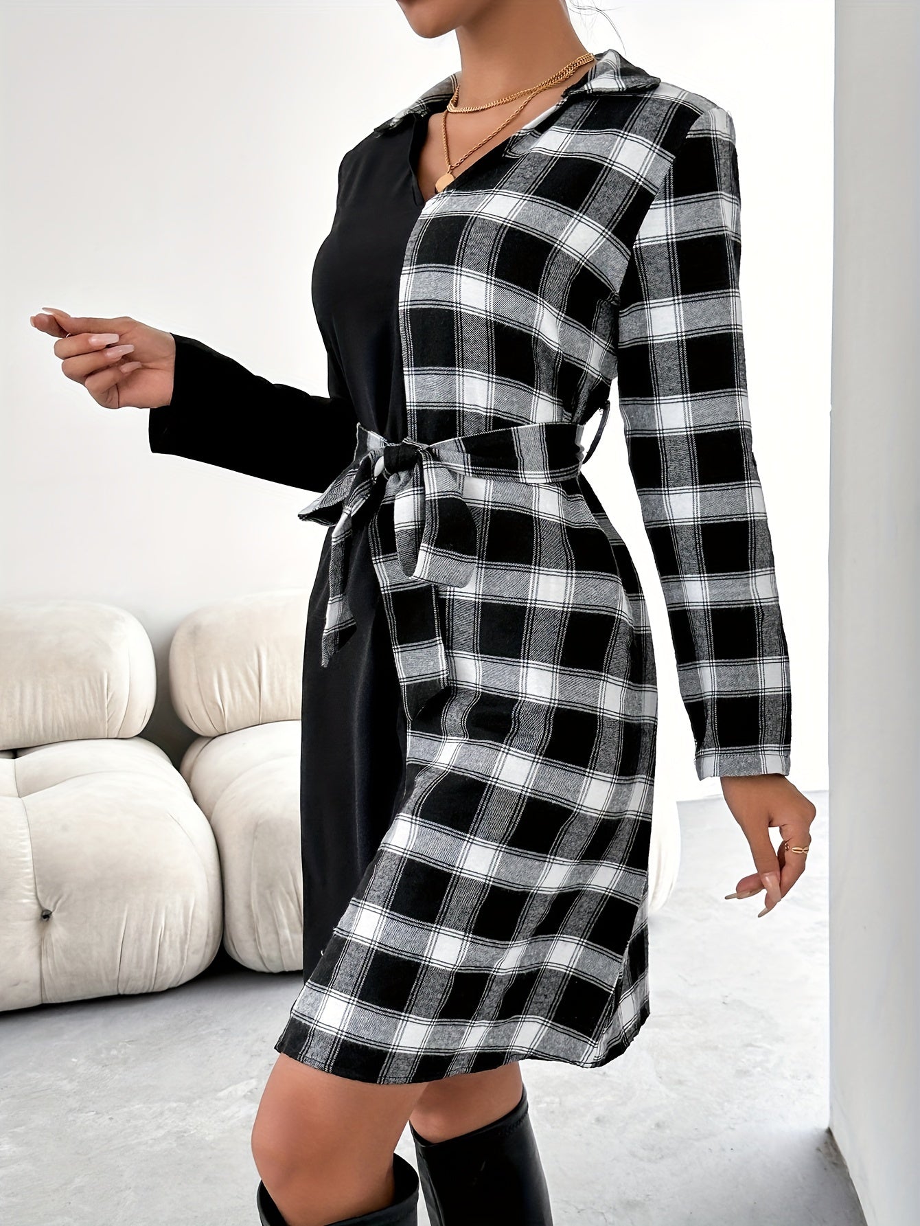 Antmvs Plaid Color Block Belted Dress, Elegant Long Sleeve Dress For Spring & Fall, Women's Clothing