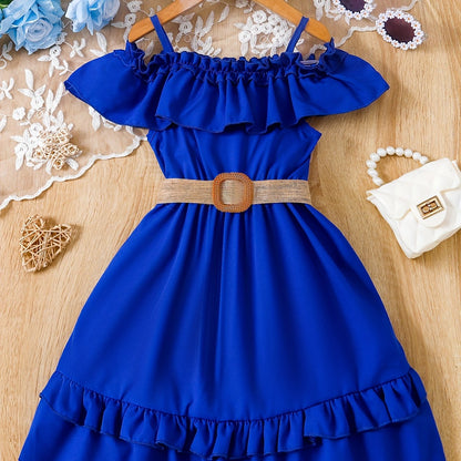 Charming Girls Solid Ruffle Trim Dress - Fashionable Belted Waist for Summer Parties & Holidays - Premium Quality, Comfortable, Ideal Gift