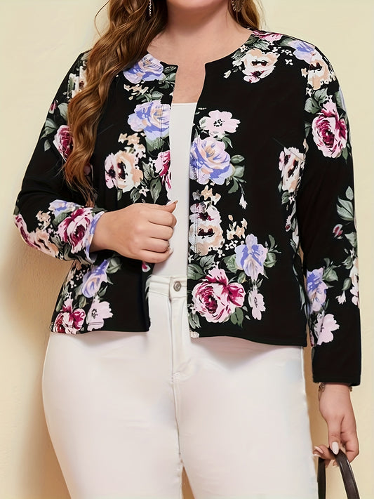 Antmvs Plus Size Casual Coat, Women's Plus Floral Print Long Sleeve Open Front Jacquard Coat