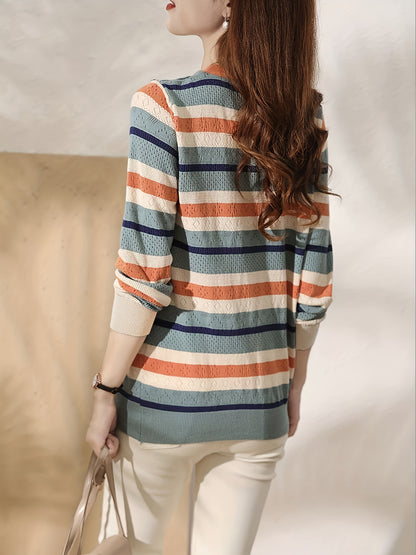 Antmvs Striped Crew Neck Knitted Top, Casual Long Sleeve Sweater For Spring & Fall, Women's Clothing