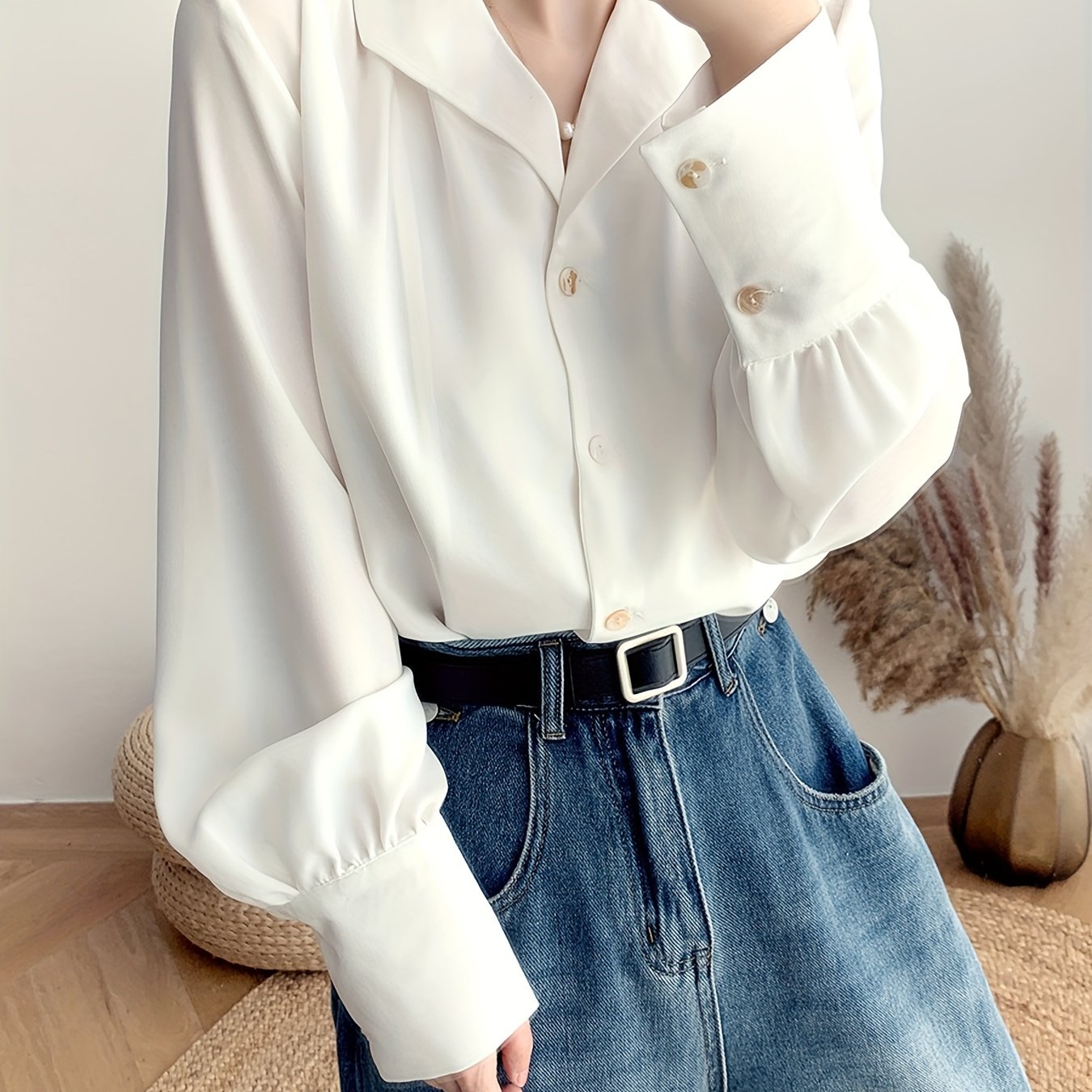 Antmvs Lantern Sleeve Button Shirt, Casual Long Sleeve Shirt For Spring & Fall, Women's Clothing