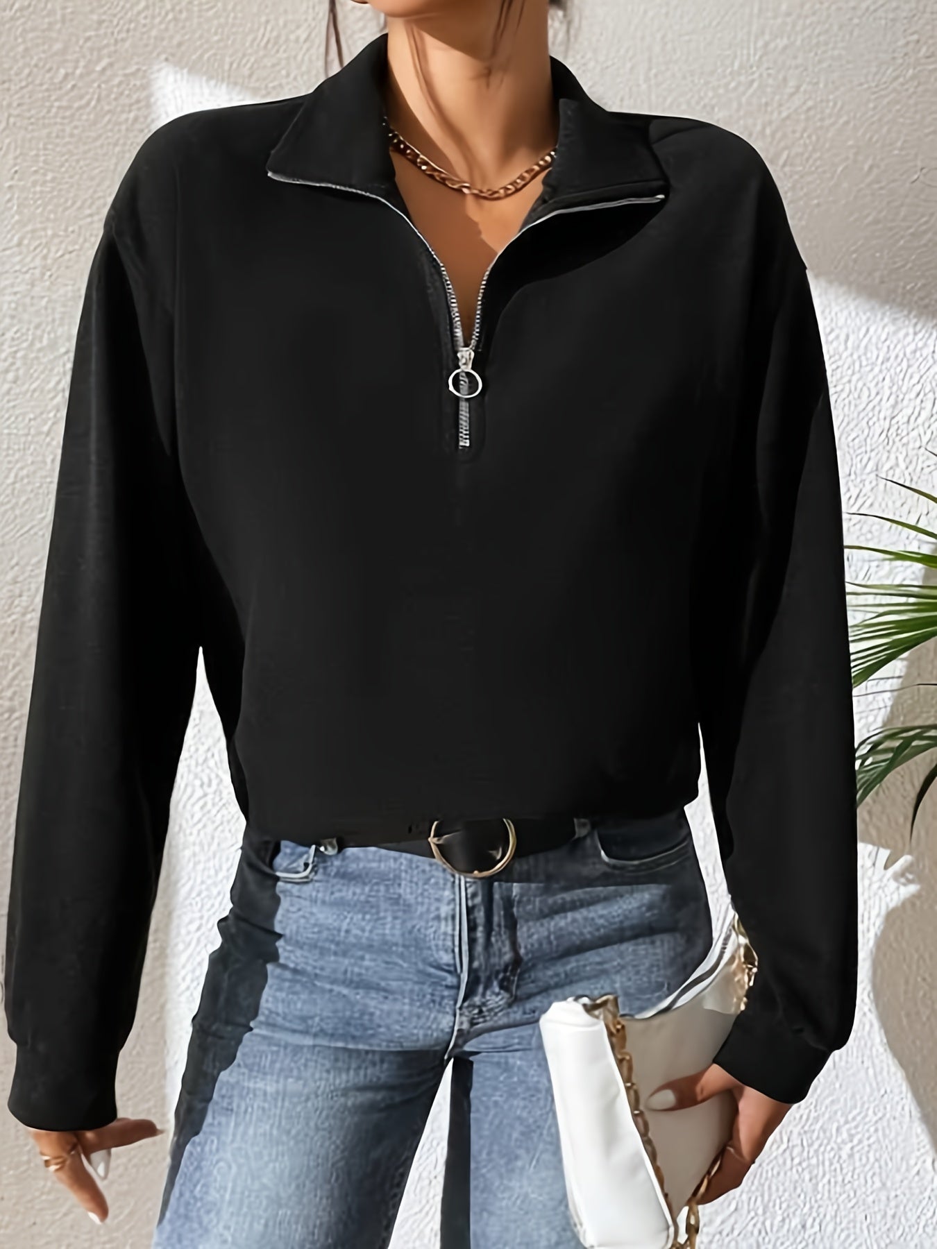 Antmvs Quarter Zip Lapel Pullover Sweatshirt, Casual Long Sleeve Sweatshirt For Fall & Winter, Women's Clothing