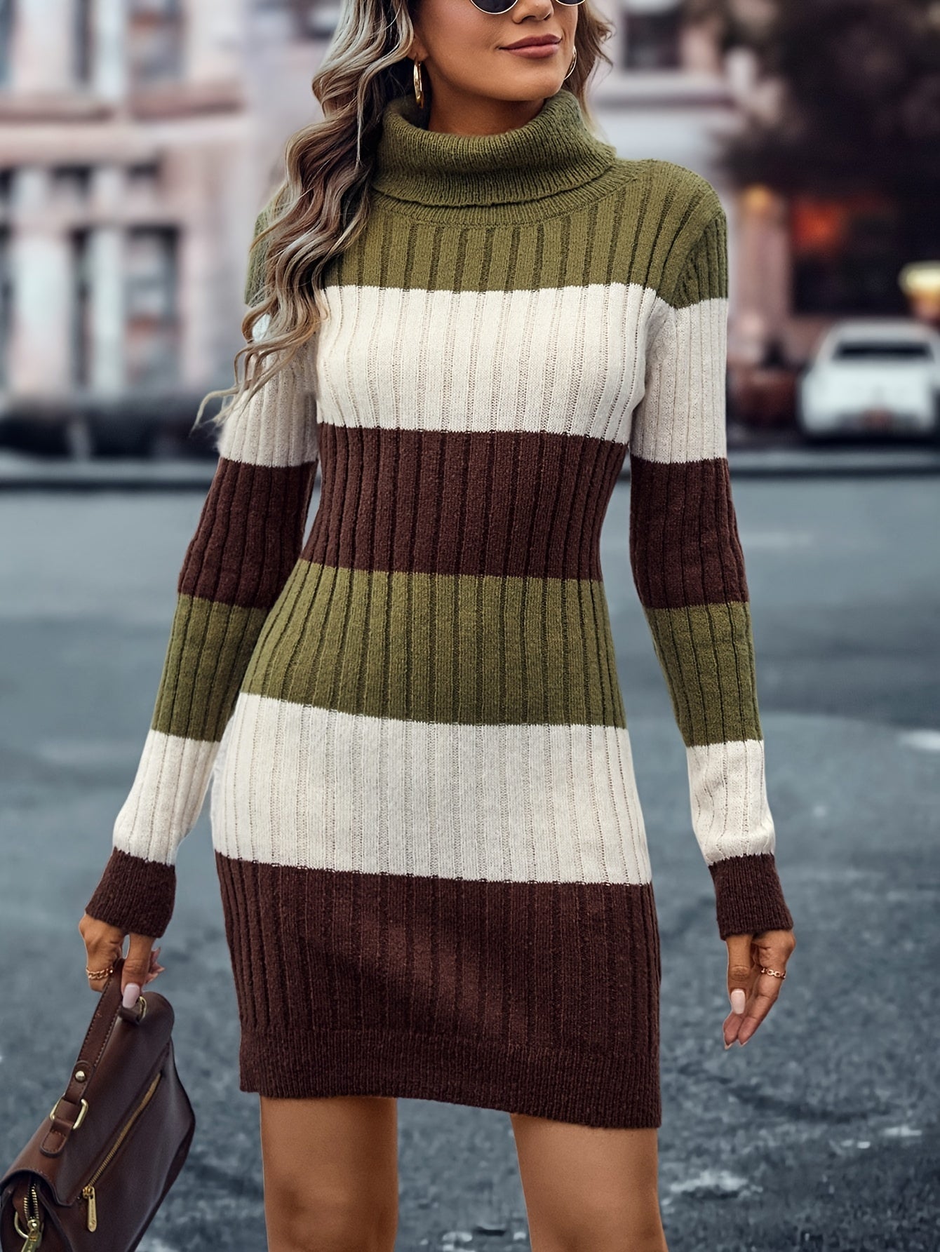 Antmvs Color Block Striped Sweater Dress, Casual Turtleneck Long Sleeve Dress, Women's Clothing