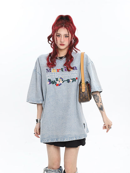 Antmvs Martina Colorful Letter Embroidery Washed Denim Blue Short Sleeve Baggy Long T-shirt Top