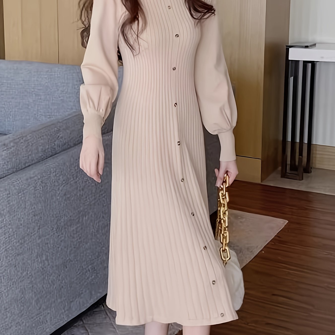 Antmvs Ribbed Mock Neck Dress, Casual Button Front Long Lantern Sleeve Dress, Women's Clothing