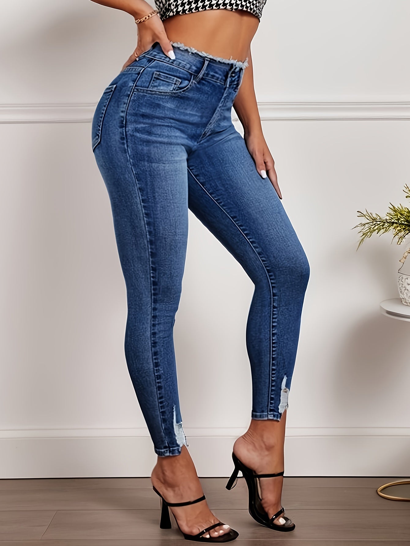 Antmvs Raw Trim Waist Skinny Jeans, Slim Fit High Stretch Versatile Tight Jeans, Women's Denim Jeans & Clothing