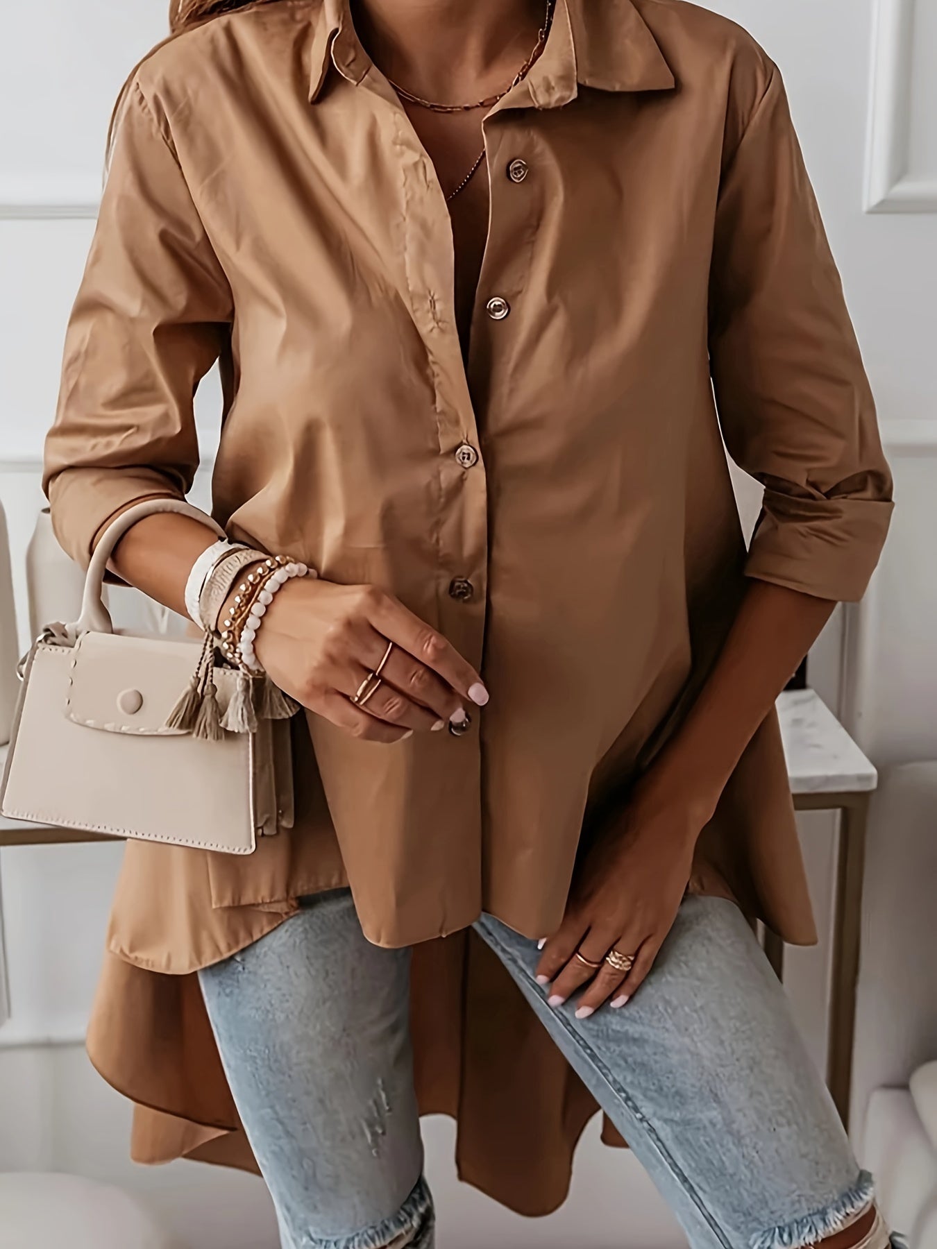 Plus Size Chic Blouse - Flattering Long Sleeves in Timeless Solid Colors, Stylish Button-Up with Fashionable Lapel Collar and Trendy High Low Hem - Designed for Women