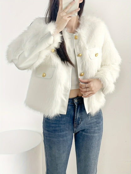 Antmvs Button Front Faux Fur Coat, Elegant Long Sleeve Coat For Fall & Winter, Women's Clothing