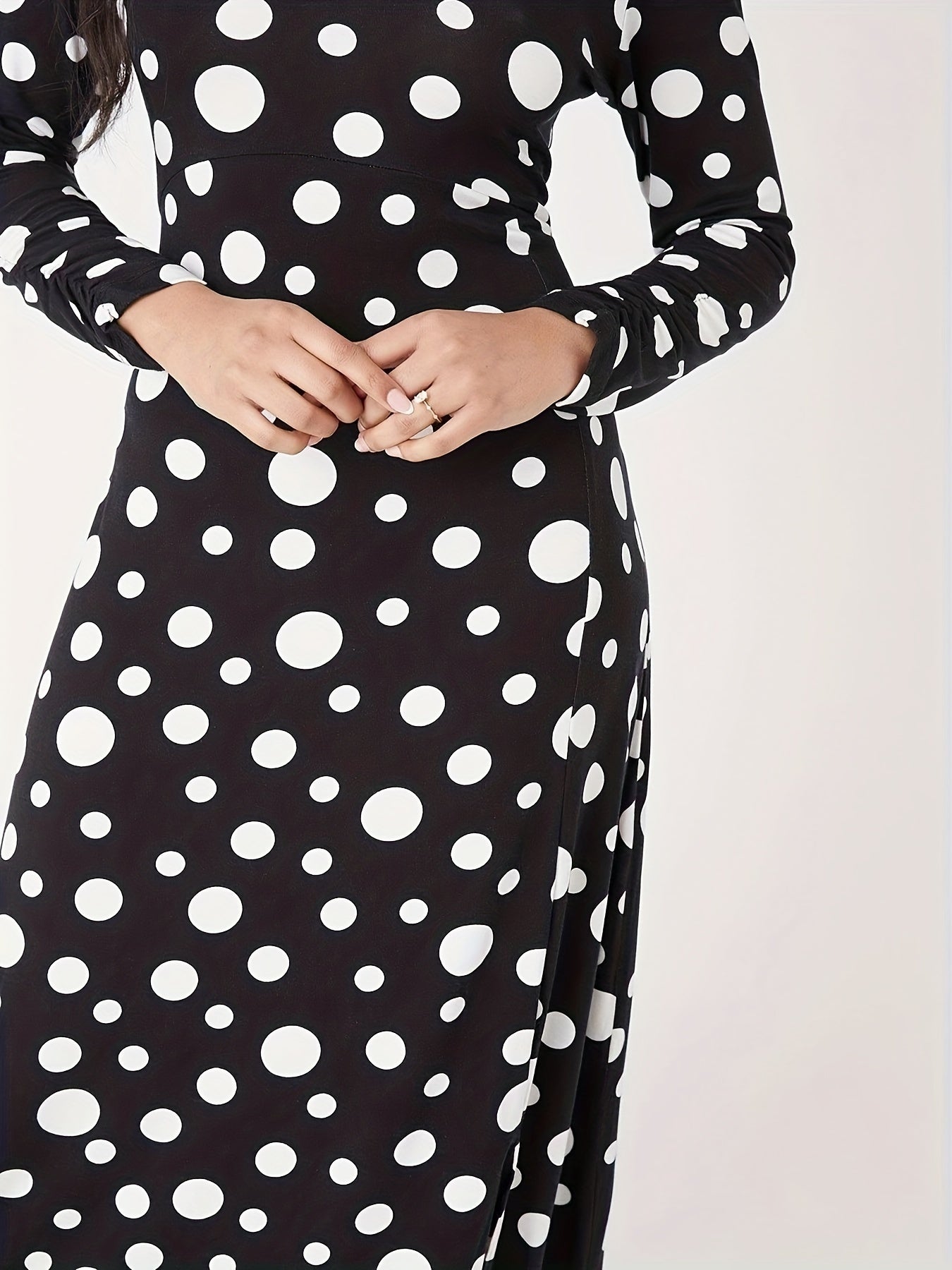 Antmvs Polka Dot Print Long Sleeve Dress, Casual V Neck Split Hem Dress For Spring & Fall, Women's Clothing