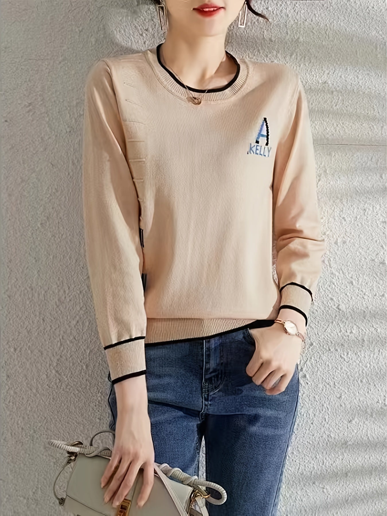 Antmvs Letter A Graphic Sweater, Long Sleeve Crew Neck Casual Sweater For Spring & Fall, Women's Clothing