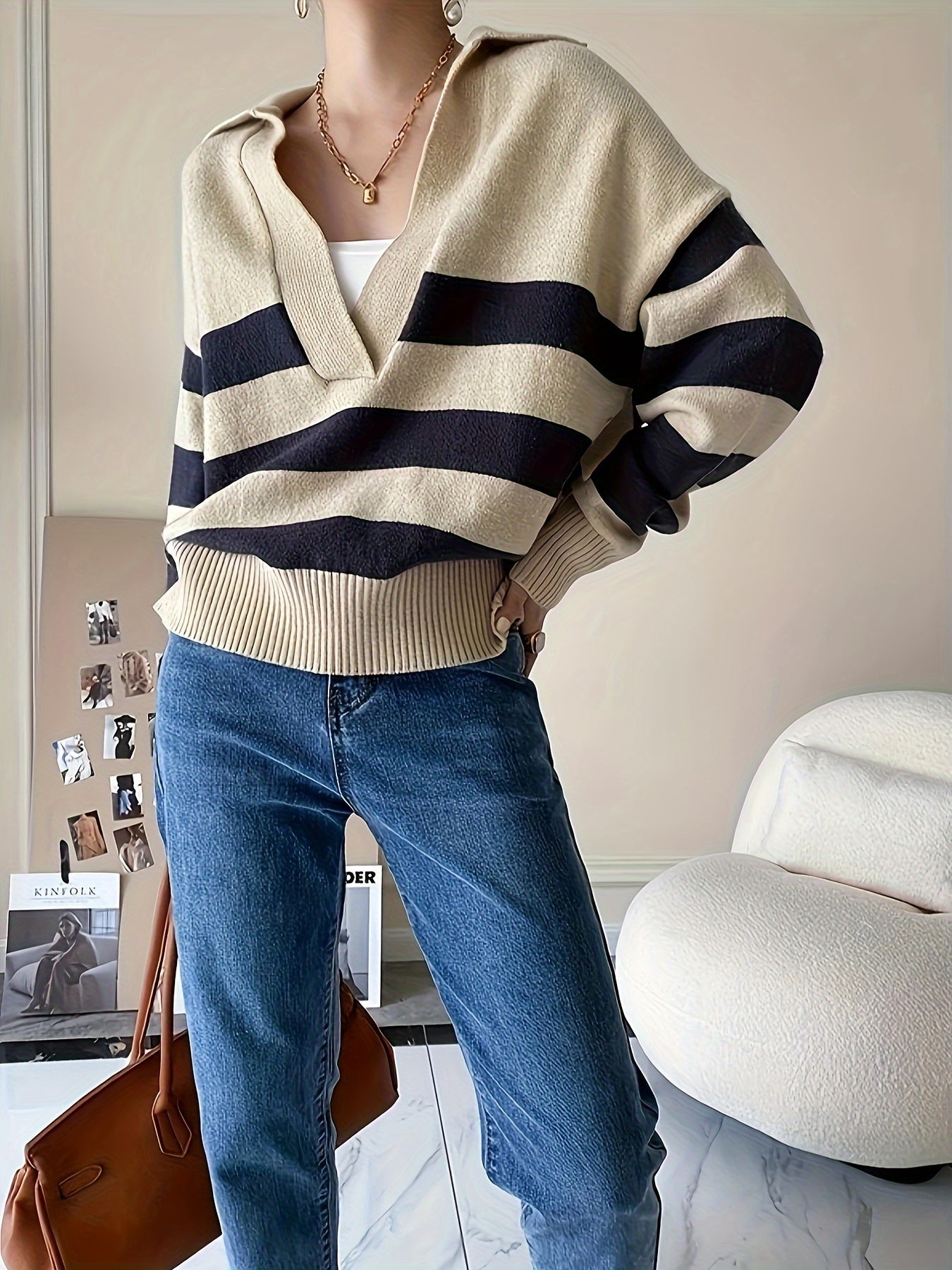 Antmvs Striped V Neck Pullover Sweater, Casual Long Sleeve Drop Shoulder Sweater, Women's Clothing