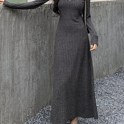 Antmvs Button Front Lapel Neck Ribbed Dress, Chic Solid Color Long Sleeve Dress For Fall & Winter, Women's Clothing