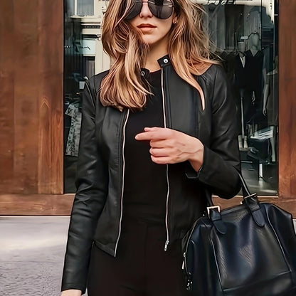 Antmvs Solid Zipper Front Faux Leather Crop Jacket, Casual Long Sleeve Lightweight Jacket For Fall & Spring, Women's Clothing