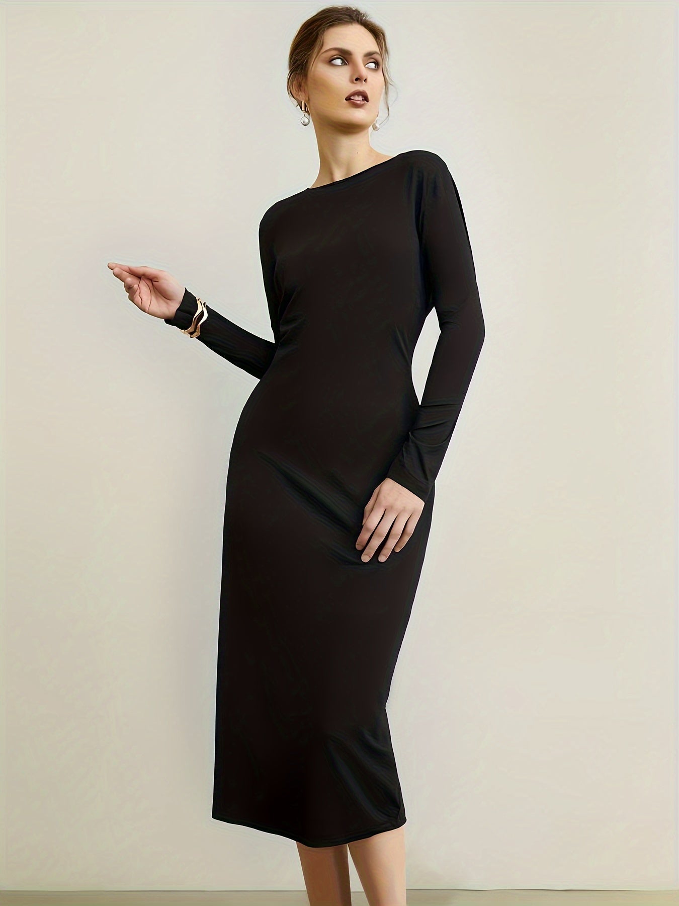 Antmvs Split Solid Bodycon Dress, Casual Crew Neck Long Sleeve Midi Dress, Women's Clothing