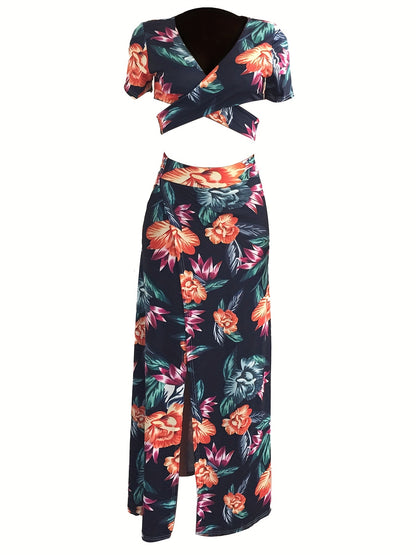 Antmvs Floral Print Two-piece Skirt Set, V-neck Crop Top & Split Skirt Outfits, Women's Clothing
