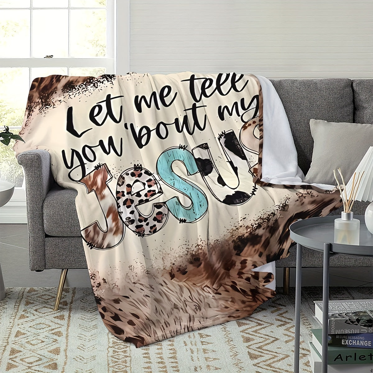 Vintage Inspirational "Let me tell you bout my Jesus" Print Throw Blanket - Hypoallergenic Polyester, Machine Washable, Stain Resistant, Chunky Knit Weave, All-Season, Multipurpose Office Shawl, Bed, Sofa, and Travel Blanket