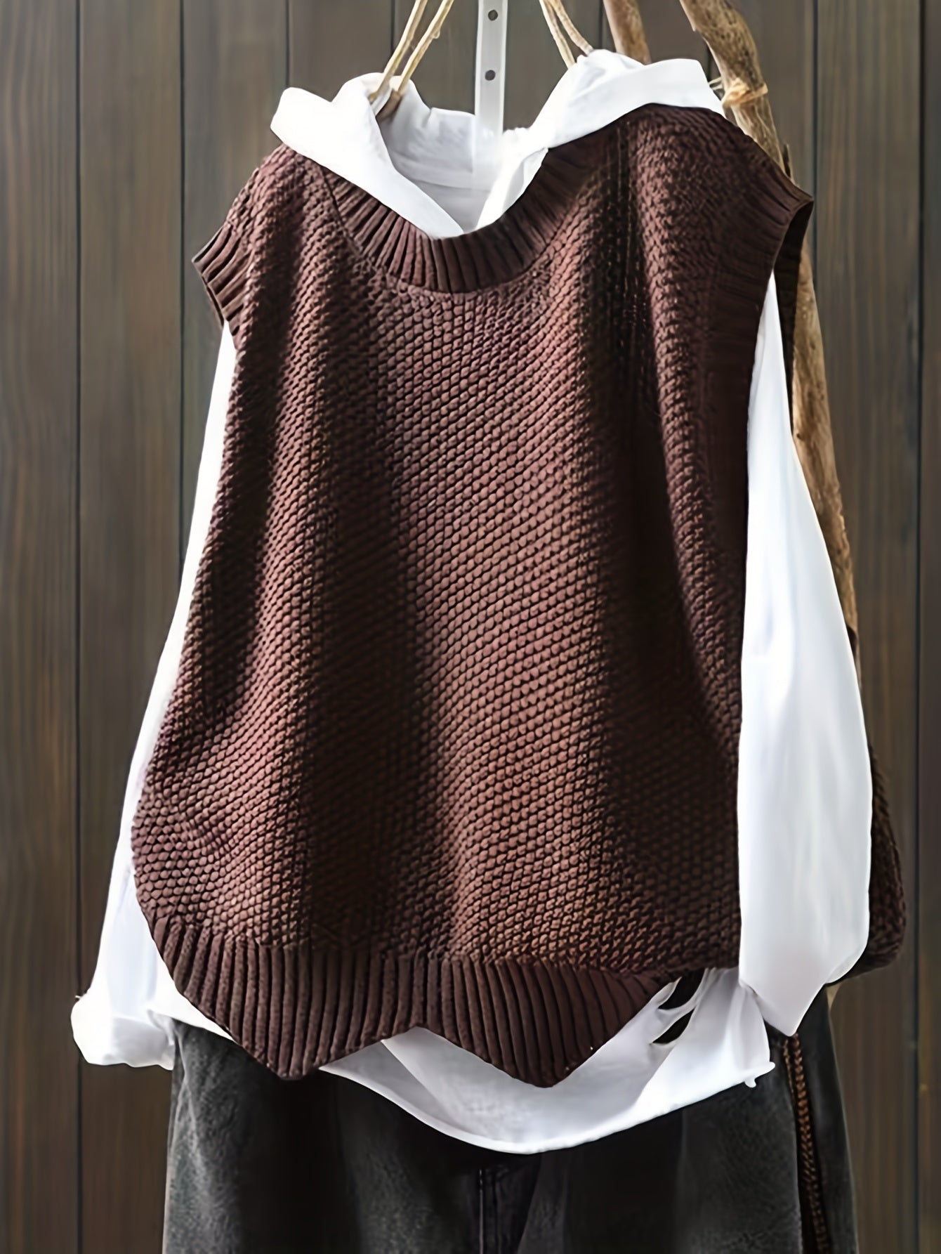 Antmvs Solid Crew Neck Knitted Vest, Casual Sleeveless Loose Sweater, Women's Clothing