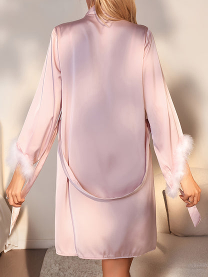 Cozy Solid Fuzzy Trim Night Robe - Cozy Long Sleeves for Ultimate Comfort, Flattering V-Neckline for a Relaxing Fit, Adjustable Belt for a Secure Wrap - Luxurious Womens Sleepwear and Stylish Dresses for a Good Nights Sleep