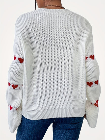Antmvs Heart Pattern Drop Shoulder Sweater, Casual Long Sleeve Sweater For Fall & Winter, Women's Clothing